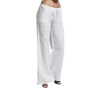 Pantalones cortos mujer talla grande pierna mujer largo ancho lino algodón cintura elástica casual pantalones sólidos pantalones de selección de corpiño con pantalones, Blanco, M