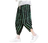 Pantalones cortos para hombre de lino Harlan Capri Pantalones de rayas ligeros cintura elástica ancha pantalones Capri Casual sueltos para playa Bermudas rayas de lino de gran tamaño moda Pa, verde