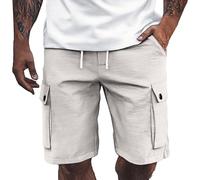 Pantalones cortos para hombre europeos lisos con bolsillos cinturón con cordón anudado casual suelto cómodo para negocios comercio exterior deporte playa trabajo Bermudas de lino con efecto textura