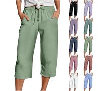 Pantalones cortos para mujer, pantalones de lino de 3/4 de longitud 3/4, pantalones capri elásticos, cintura alta, ajuste relajado, pantalones de lino de algodón, suaves, ligeros, pantalones de pierna