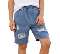 Pantalones Cortos Vaqueros Casuales de Verano para niños, de Moda, Holgados, con Cinco Puntos Desgastados y hasta la Rodilla, para niños Grandes y jóvenes. (Blue, 8-9 Years)