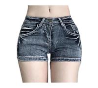 Pantalones Cortos Vaqueros Negros y Grises de Cintura Baja, Estilo Retro, Lavados, sexys, Verano, con Corte en la Cadera Palabra Honor para El Hogar Y Salidas(M)