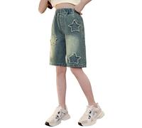 Pantalones Cortos Vaqueros Niña Shorts Jeans Bermudas Baggy Cintura Elástica Pantalones Cortos Niña Ajustados Cómodo Transpirables Verano Casuales con Bolsillos 4-16 Años (Blue, 4-5 Years)