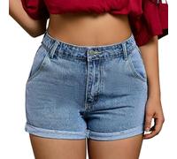 Pantalones Cortos Vaqueros Pantalones Cortos Vaqueros De Mujer, De Verano, De Talle Alto Y Pierna Ancha, Informales, Holgados, Cómodos Y Elásticos.-Azul-SG