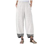Pantalones de algodón suelto Irregular Casual Mujeres Cintura Elástica Pierna Impresión Lino Pantalones anchos Elegantes Pantalones negros Señoras, Blanco, XXL