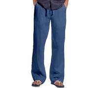 Pantalones de algodón y lino para hombre, cintura elástica, con cordón, pantalones de yoga ligeros, pierna recta, holgados, para playa, casual, ropa de verano, azul, S