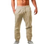 Pantalones de algodón y lino para hombre, ligeros, con puños, cintura elástica, cordón de ajuste, pierna recta, pantalones casuales de verano, sueltos, ligeros, pantalones de playa para yoga, caqui, M