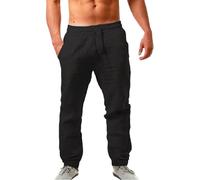 Pantalones de algodón y lino para hombre, ligeros, con puños, cintura elástica, cordón de ajuste, pierna recta, pantalones casuales de verano, sueltos, ligeros, pantalones de playa para yoga, Negro