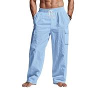Pantalones de algodón y lino para hombre, pantalones cargo de ajuste relajado, cintura elástica, ajuste holgado, ligeros, informales, con múltiples bolsillos, pantalones de ajuste regular, B, S