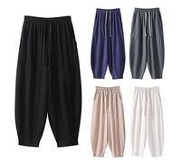 Pantalones de algodón y lino para hombre, pantalones harén para hombre, casuales, lisos, holgados, pantalones de yoga, cómodos, pantalones de playa, transpirables, cintura elástica, pantalones con