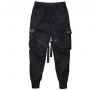 Pantalones de carga negros Hip Hop, pantalones de carga para hombre, con múltiples bolsillos, correas para el tobillo, atados, estilo urbano, pantalones largos, ropa femenina Negro M