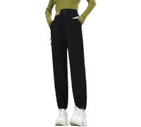 Pantalones de chándal de pana cálida para mujer, de piel sintética, esponjosos, estilo retro, color sólido, térmicos, gruesos, con puños, cordón elástico, cómodo, sherpa, pantalones deportivos, Negro