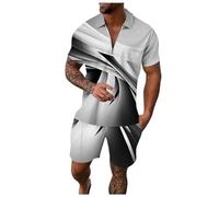 Pantalones de chándal grises para hombre masculino casual a rayas rampa impresión de dos piezas cremallera manga corta blusa con cordón bolsa corto conjunto chaleco perro verano, gris, L