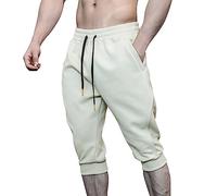 Pantalones de chándal para hombre, pantalones cortos deportivos de primavera y verano con bolsillos, pantalones capri bifurcados, beige, M