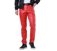 Pantalones de chándal para hombre, pantalones de piel de corte estrecho, leggings de color elástico, tendencia para moto, pantalones de cuero, pantalones de entrenamiento para hombre, rojo, 36/XXL