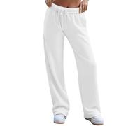 Pantalones de chándal para mujer, atléticos, holgados, deportivos, monocolor, holgados, informales, cómodos, de pierna ancha, pantalones de ocio, elásticos, con cordón y bolsillos laterales, Blanco, M