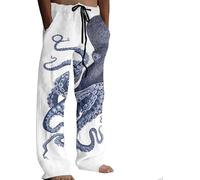 Pantalones de descanso estampados de estilo japonés para hombre, diseño de pulpo, pierna recta, cintura elástica, pantalones casuales tradicionales de mezcla de lino Sashiko, blanco, S
