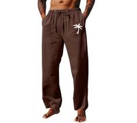 Pantalones de descanso para hombre, algodón y lino, diseño gráfico de árbol de coco, pantalones de pijama con bolsillos, pantalones de playa ligeros de verano, marrón, M