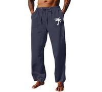 Pantalones de descanso para hombre, algodón y lino, diseño gráfico de árbol de coco, pantalones de pijama con bolsillos, pantalones de playa ligeros de verano, azul marino, L