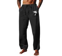 Pantalones de descanso para hombre, algodón y lino, diseño gráfico de árbol de coco, pantalones de pijama con bolsillos, pantalones de playa ligeros de verano, Negro, XXL