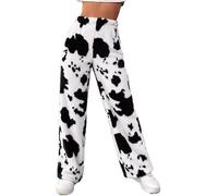 Pantalones de dormir de felpa con estampado de vaca para mujer, pantalones casuales con estampado de animales, acogedores, pantalones de pijama de pierna ancha, para otoño e invierno, Negro, S