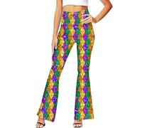 Pantalones de equitación de carnaval para mujer Mardi Pantalones acampanados de cintura alta color lila verde amarillo, amarillo, XL