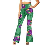 Pantalones de equitación de carnaval para mujer Mardi Pantalones acampanados de cintura alta color lila verde amarillo, morado, XXL