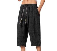 Pantalones de Hombre Tradicional Chino de Algodón Y Lino Retro Pantalones Descontratados Patrimonio Cultural Vintage 7/8 Pants - Con Chic Cordón De Ajuste - Cómodo Y Transpirable De Gran Tamaño, Negro