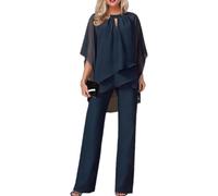 Pantalones de Las Mujeres de Dos Piezas de Moda Tendencia de Gasa Camisa y Pantalones Trajes Elegantes Retro fluyendo Trajes de Cena cóctel Trajes de Invitados de Boda (Azul Marino,XXL)