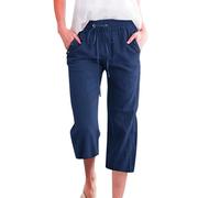 Pantalones de lino 3/4 para mujer, informales, pantalones cargo de moda, adolescentes, niñas, pantalones de jogging, monocolor, boda, senderismo, pantalones de playa con bolsillos, Marine-7., 3XL