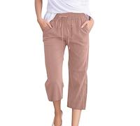Pantalones de lino 3/4 para mujer, informales, pantalones cargo de moda, adolescentes, niñas, pantalones de jogging, monocolor, boda, senderismo, pantalones de playa con bolsillos, Oro rosa-5, S