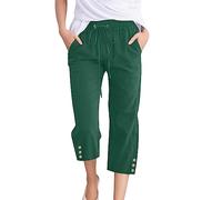 Pantalones de lino 3/4 para mujer, informales, pantalones cargo de moda, adolescentes, niñas, pantalones de jogging, monocolor, boda, senderismo, pantalones de playa con bolsillos, verde-1, M