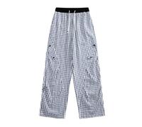Pantalones de lino a cuadros Y2K Palazzo, pantalones casuales sueltos con cintura elástica, pantalones de salón, informales, ropa de calle, pantalones de pijama de pierna ancha, pantalones cómodos con