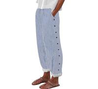 Pantalones de lino a rayas para mujer, pantalones de lino y algodón con cintura elástica, pantalones recortados con botones, pantalones holgados, cómodos, pantalones de senderismo con bolsillos, azul