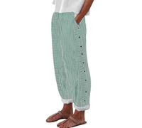 Pantalones de lino a rayas para mujer, pantalones de lino y algodón con cintura elástica, pantalones recortados con botones, pantalones holgados, cómodos, pantalones de senderismo con bolsillos, verde