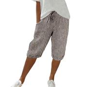 Pantalones de lino cortos para mujer, pantalones capri 3/4 para mujer, pierna ancha, muselina, tallas grandes, pantalones de verano, elásticos, con bolsillos, pantalones de tiempo libre, cintura alta