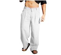 Pantalones de lino de algodón para hombre, color sólido, con cremallera, de longitud completa, con bolsillo, rectos, holgados, cómodos, J-732 Blanco, XXL