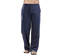 Pantalones de lino de colores sólidos para hombre, ajuste relajado, pantalones de yoga casuales, pantalones de pierna recta, azul marino, L