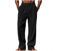Pantalones de Lino Hombre Anchos Talla Grande Cordón | Tejido de lino natural, transpirable, ajuste con cordón, ideal verano, tallas hasta XXXL(Black M)