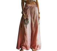Pantalones De Lino Mujer Pantalon Verano Holiday Style Retro Linen Ethnic Print Casual Pants For Women - Comfortable Relaxed Fit Perfect For Summer Beach and Vacation Pantalon Lino Mujer (Pink XXXL)