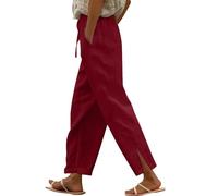 Pantalones de Lino Mujer,Women's Summer Long Solid Color Cotton Linen Straight Leg Loose Casual Pants Cintura Negros (Wine, M)