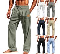 Pantalones de lino para hombre, ajuste holgado, pantalones de playa de lino para hombre, pantalones de yoga transpirables con bolsillos, elegantes pantalones de playa de verano, cómodos, cintura