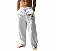 Pantalones de lino para hombre, ajuste regular, ligeros, cómodos, para verano, playa, color sólido, cintura elástica, pantalones para yoga y descanso, blanco, L