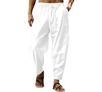 Pantalones de lino para hombre, estilo hip hop, transpirables, casuales, holgados, con cordón elástico, cintura elástica, para yoga, playa, vacaciones, con bolsillos, blanco, L