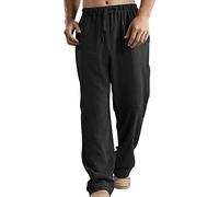 Pantalones de lino para hombre, pantalones de entrenamiento holgados, pantalones de chándal de verano, transpirables, ligeros, delgados, de lino, cintura elástica con cordón para hombres, Negro , L