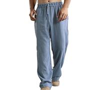 Pantalones de lino para hombre, pantalones de entrenamiento holgados, pantalones de chándal de verano, transpirables, ligeros, delgados, de lino, cintura elástica con cordón para hombres, azul, 4XL