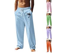 Pantalones de lino para hombre, pantalones de lino de algodón para hombre, ajuste holgado, pierna ancha, pantalones deportivos ligeros para yoga, playa, con estampado de árbol de coco, pantalones