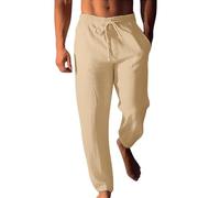 Pantalones de lino para hombre, pantalones de playa de lino para hombre, holgados, ligeros, para verano, playa, yoga, con bolsillo, casual, largo, ancho, transpirable, con cordón elástico, cintura