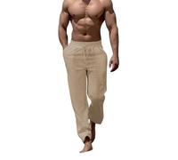 Pantalones de lino para hombre, pantalones de playa para hombre, ajuste relajado, transpirables, pantalones casuales ligeros de verano para vacaciones, cintura alta elástica, pantalones con cordón y