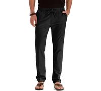 Pantalones de Lino para Hombre Pantalones Verano Color sólido Ligero algodón Pantalone con Bolsillos y Cordón Negro 3XL